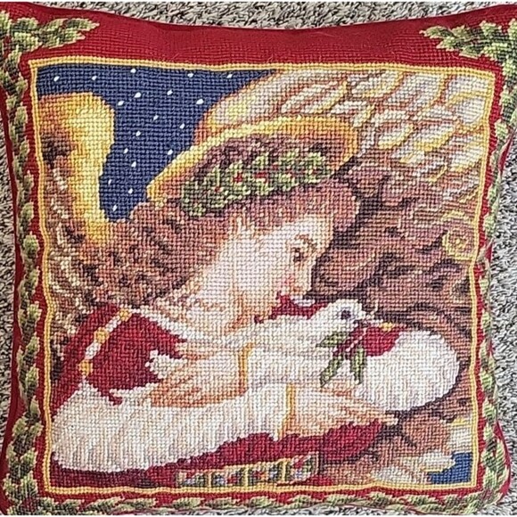 VINTAGE LANDS END Wool Needlepoint Pillow Christmas Angel With Dove Velvet 13" - Picture 1 of 5